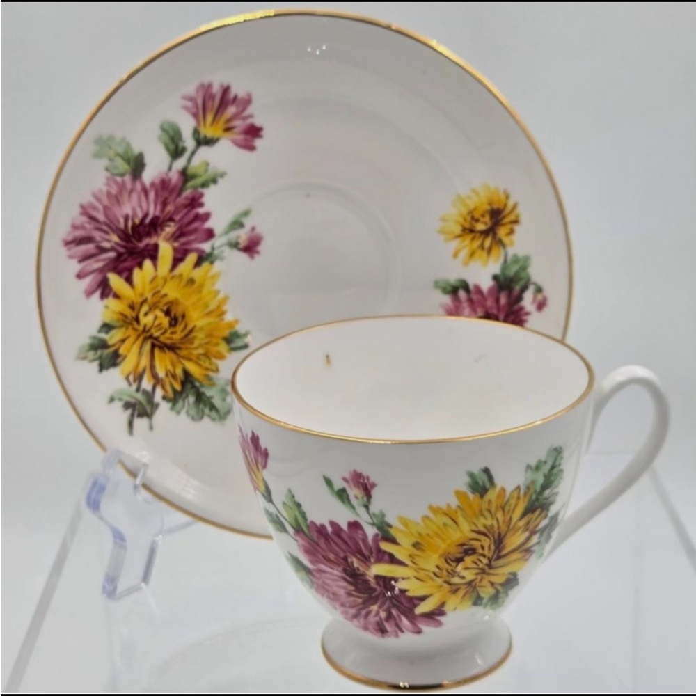 Queen Anne Teacup Saucer Set Pink Yellow Chrysanthemum Bone China Footed England